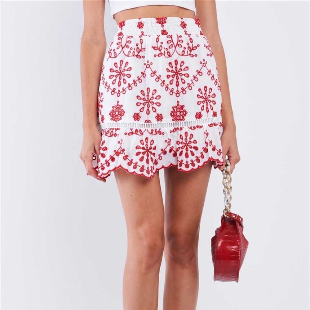 Red & Wht High Waist Eyelet Embroidered Skirt - Picture 3 of 3